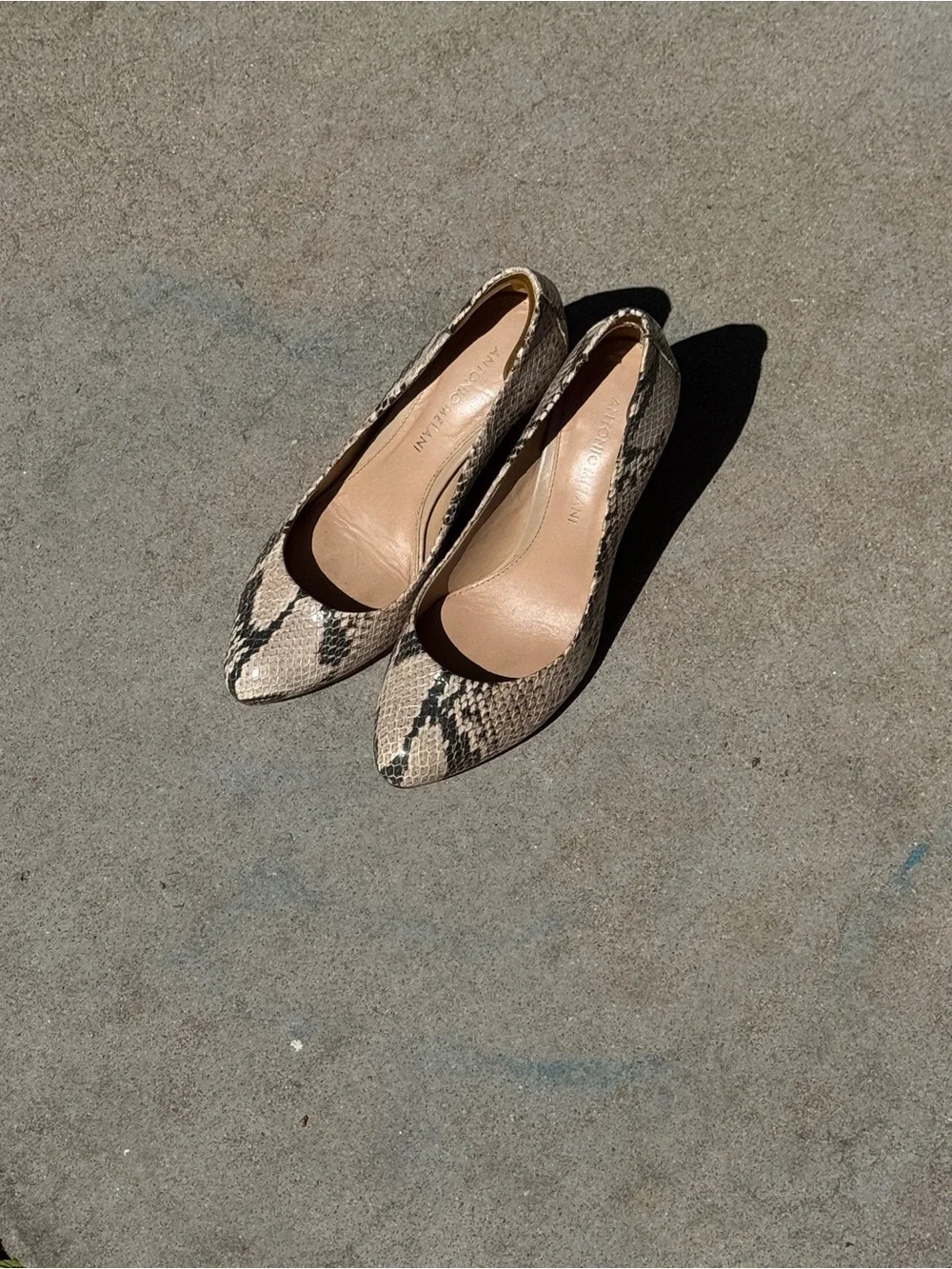 ANTONIO MELANI Beige and Black Leather Snakeskin Round Toe Pumps 6